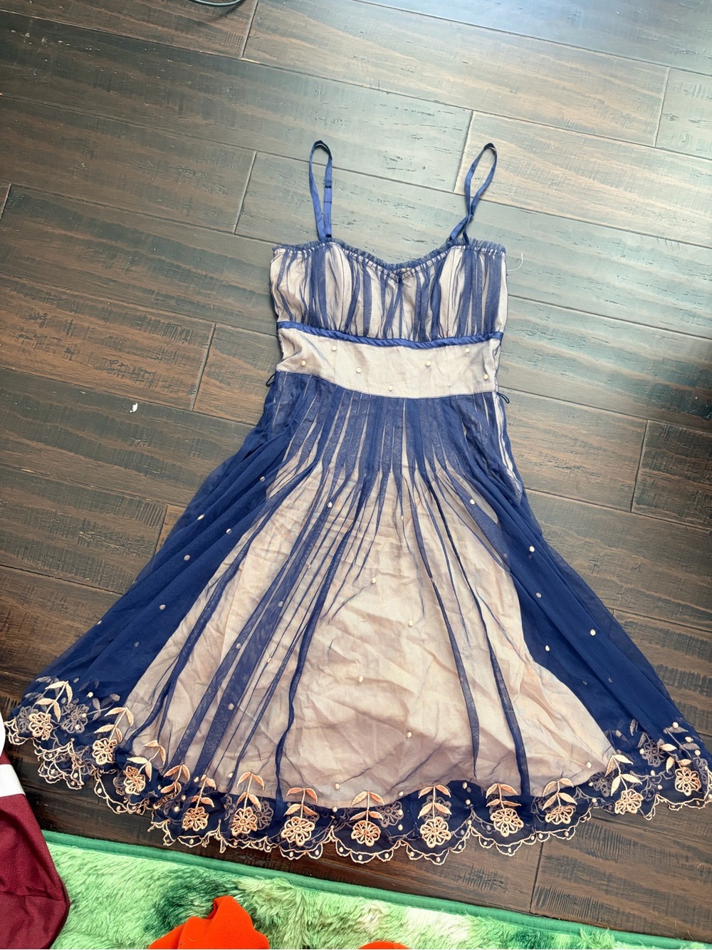Anthropologie Odille Winter Prelude navy blue tulle dress gold embroidery - Picture 6 of 6